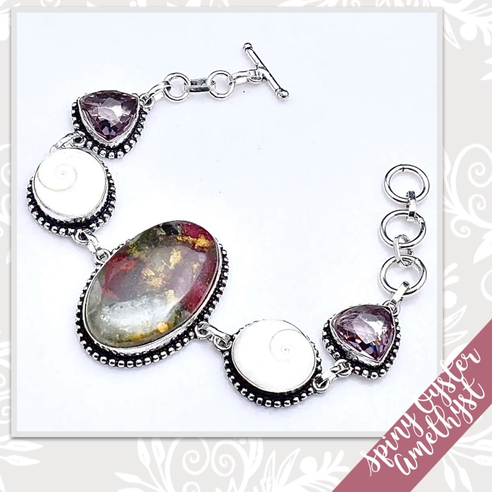 Spiny Oyster, Amethyst, Shiva Eye Eclectic Artisan Bracelet (Magenta, Purple)